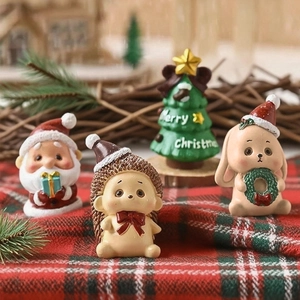 Miniature Christmas resin figurines set featuring Santa Claus, hedgehog, rabbit and tree