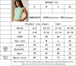 Size chart showing measurements and materials for the sleeveless solid color crop top