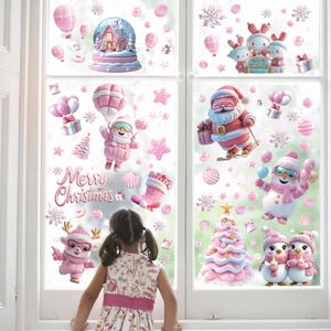 Pink cartoon Christmas window stickers featuring Santa and Snowman for festive home decoration