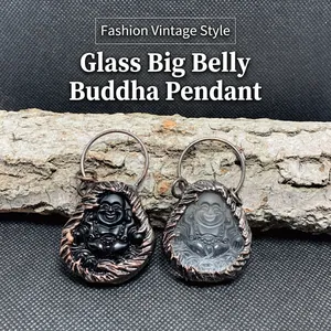 Maitreya Lachender Buddha Anhänger Glas Geschnitzt Vintage Kupferrand Ethno Zen Religiöser Schmuck