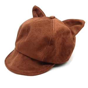 Caramel suede cat ear beret hat with solid color and retro octagonal painter style