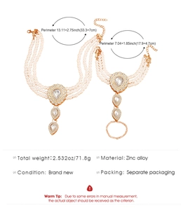 Detail showing vintage multi-layer pearl necklace and bracelet set with faux gemstones