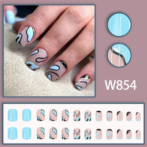 Blue and black abstract wavy line press-on nails with gold glitter and 24-piece full set