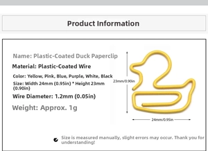 Detail showing 24x23mm yellow duck-shaped paper clip with dimensions and wire thickness