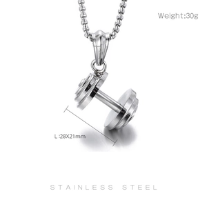 Macro shot of 30g stainless steel dumbbell pendant with 28x21mm size specifications