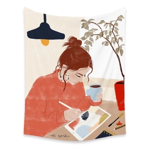 Artistic wall tapestry showing an illustration of a woman drawing with a tablet