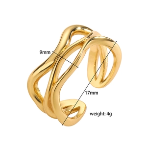 Detail showing 9mm width and 17mm diameter dimensions of gold layered wavy ring