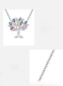 Detail der 925 Sterling Silber Lebensbaum Kette mit bunten Augen-Anhängern