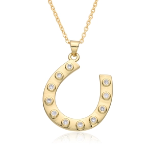18K gold plated horseshoe necklace with white zircon stones on a white background