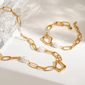 French Style Artificial Baroque Pearl Stainless Steel Jewelry Set Luxury Gold Paperclip Link Chain Irregular Heart Pendant Accessories