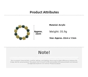 Detailed specs of acrylic beaded bracelet showing 35.9g weight and 22cm length dimensions