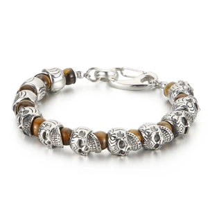 Gothic punk skull beaded bracelet featuring tiger eye stones and a stainless steel clasp
