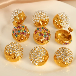 Exaggerated Dome Stud Earrings Stainless Steel Gold Plated Imitation Artificial Pearl Rhinestone Retro Luxury Jewelry For Women