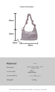 Detailed size chart for floral canvas bag showing dimensions and adjustable strap length