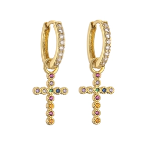 Detail of gold-plated hoop earrings with cross pendants and colorful cubic zirconia stones