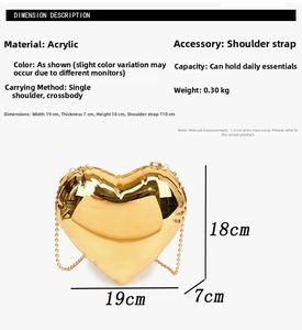 Detailed size chart of gold heart acrylic crossbody bag with chain strap measurements