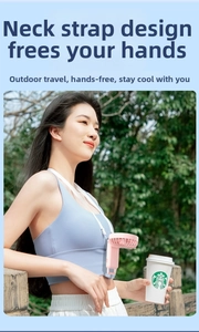Pink portable neck fan with LED display and white lanyard worn outdoors for travel