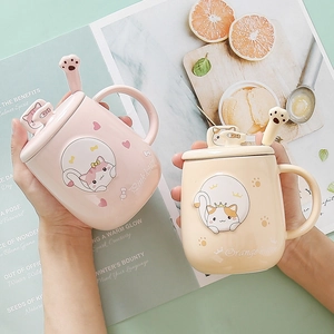 Cute Cartoon Cat Ceramic Mug With Lid And Spoon Phone Holder Function Kawaii Coffee Cup For Office Home Use