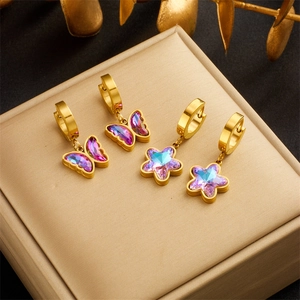 Vintage Titanium Steel Butterfly Star Drop Earrings For Women Gold Plated Colorful Rhinestone Hoop Earrings Vacation Jewelry