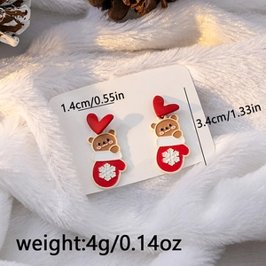 Detail of bear earrings with heart and snowflake glove motif and dimensions