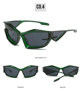 Futuristic geometric sunglasses in translucent green with detailed front and back views