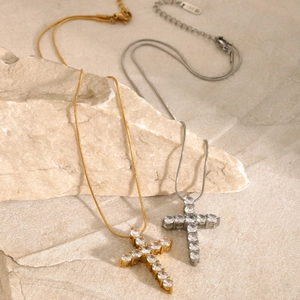 18k gold plated and silver stainless steel cross necklaces with white zircon pendants