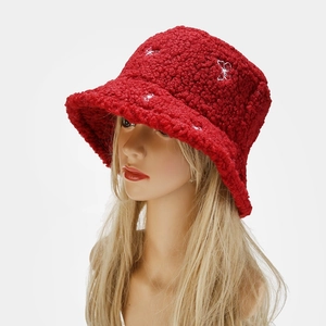 Winter red teddy fleece bucket hat with white butterfly embroidery and foldable design