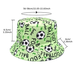 Light green football bucket hat with soccer patterns and 56-58cm head size dimensions
