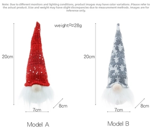 Detailed dimensions of knitted Christmas gnome ornaments with red sequins and snowflake hat
