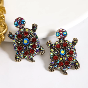 Vintage turtle stud earrings with colorful crystals and gold metal finish