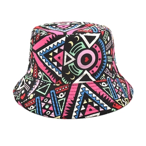 Detail of colorful geometric patterns and tribal print on a foldable bucket hat