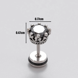 Macro shot of silver crown earrings with black zircon featuring dimensions 0.77cm x 0.47cm