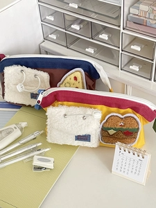 Niedliches Mäppchen im Hamburger-Design mit Plüschtasche für Schüler-Schreibwaren