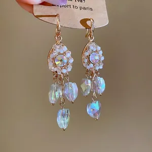 French palace style water drop heart tassel crystal drop earrings with gold finish