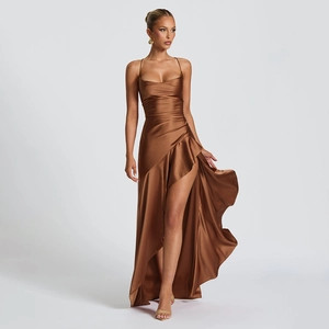 Detailed view of brown satin evening dress featuring a high side slit and silky texture
