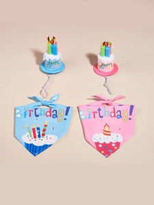 Flat lay of pink and blue pet birthday sets including cake hats and birthday bandanas