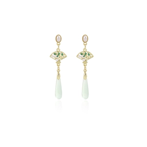 Detailed view of Chinese fan earrings with green teardrops and pearl accents