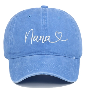 Close-up of Nana embroidery and heart detail on light blue washed cotton baseball cap