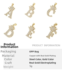 Detail view of 18K gold plated copper crown letter pendants with micro-paved cubic zirconia