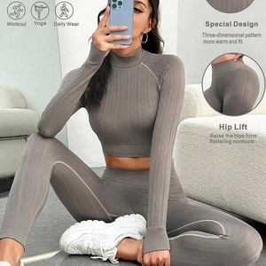 Women Seamless Yoga Top And Bottom Cable Knit Long Sleeve Thumb Hole Top High Waist Leggings Workout Gym Fitness Outfits