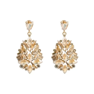Champagne gold chandelier earrings with marquise rhinestones in a floral spray design
