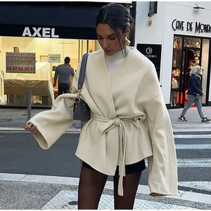 Women Beige Woolen Feel Jacket Coat V Neck Tie Waist Belted Loose Fit Long Sleeve Drop Shoulder Wrap Outerwear