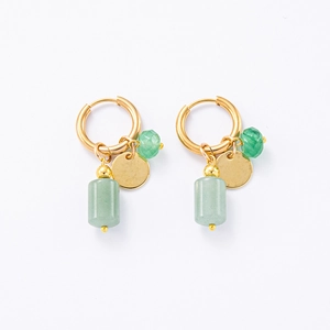 Gold stainless steel hoop earrings with green natural stone and faceted bead pendants