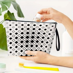 Portable geometric striped toiletry bag for women with black zipper and carry handle