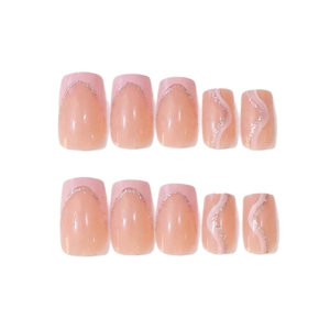 French tip press-on nails in light pink with silver glitter wavy art lines 24pcs set