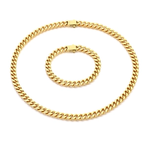 Golden Miami Cuban link chain necklace and bracelet set in polished stainless steel