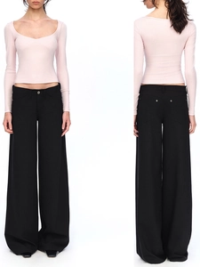 Pink U-neck slim fit long sleeve top with black high waist wide leg pants set