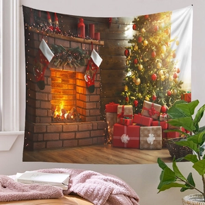 Cozy Christmas tapestry detail with glowing fireplace, decorated tree, and gift boxes