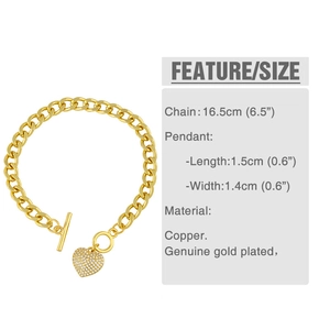 Close-up of gold-plated copper heart bracelet with white zircon and T-bar toggle clasp