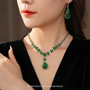 French vintage emerald waterdrop jewelry set with zircon necklace and earrings